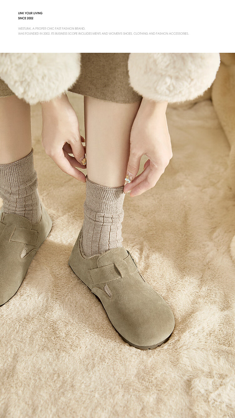 Westlink All-Wool Birkenstock-Style Women's Fleece-Lined Shoes, New Winter 2024 Soft-Soled Cotton Shoes, Warm Slip-On Fluffy Shoes, Brown, Size 37 8