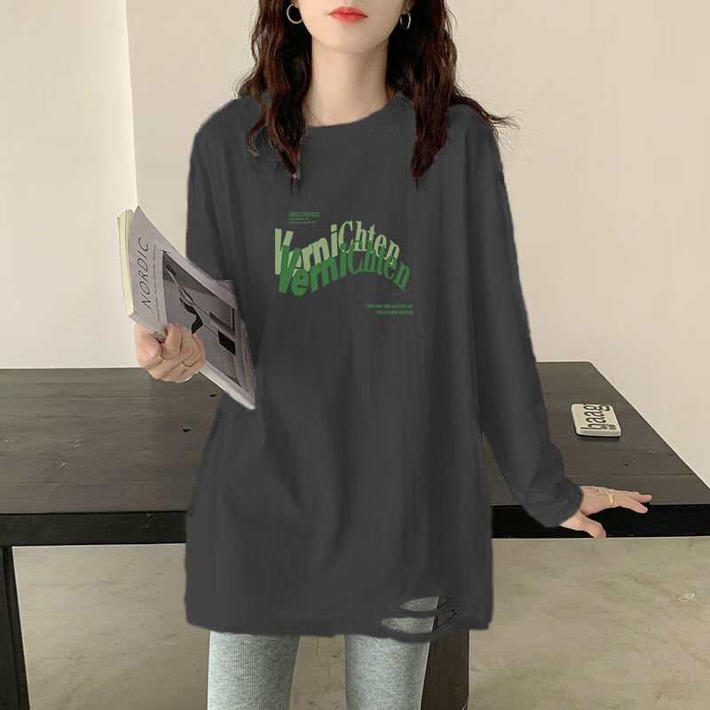 拉夏贝尔homme时尚官方专柜白色长袖t恤女秋冬新款破洞上衣宽松中长款