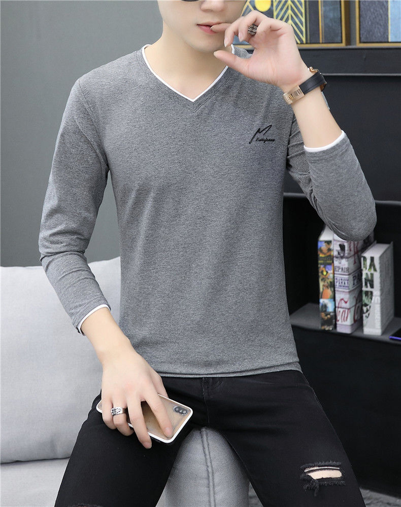 好质量男士长袖t恤秋装薄款v领小衫春秋青年秋衣上衣外穿秋季打底衫