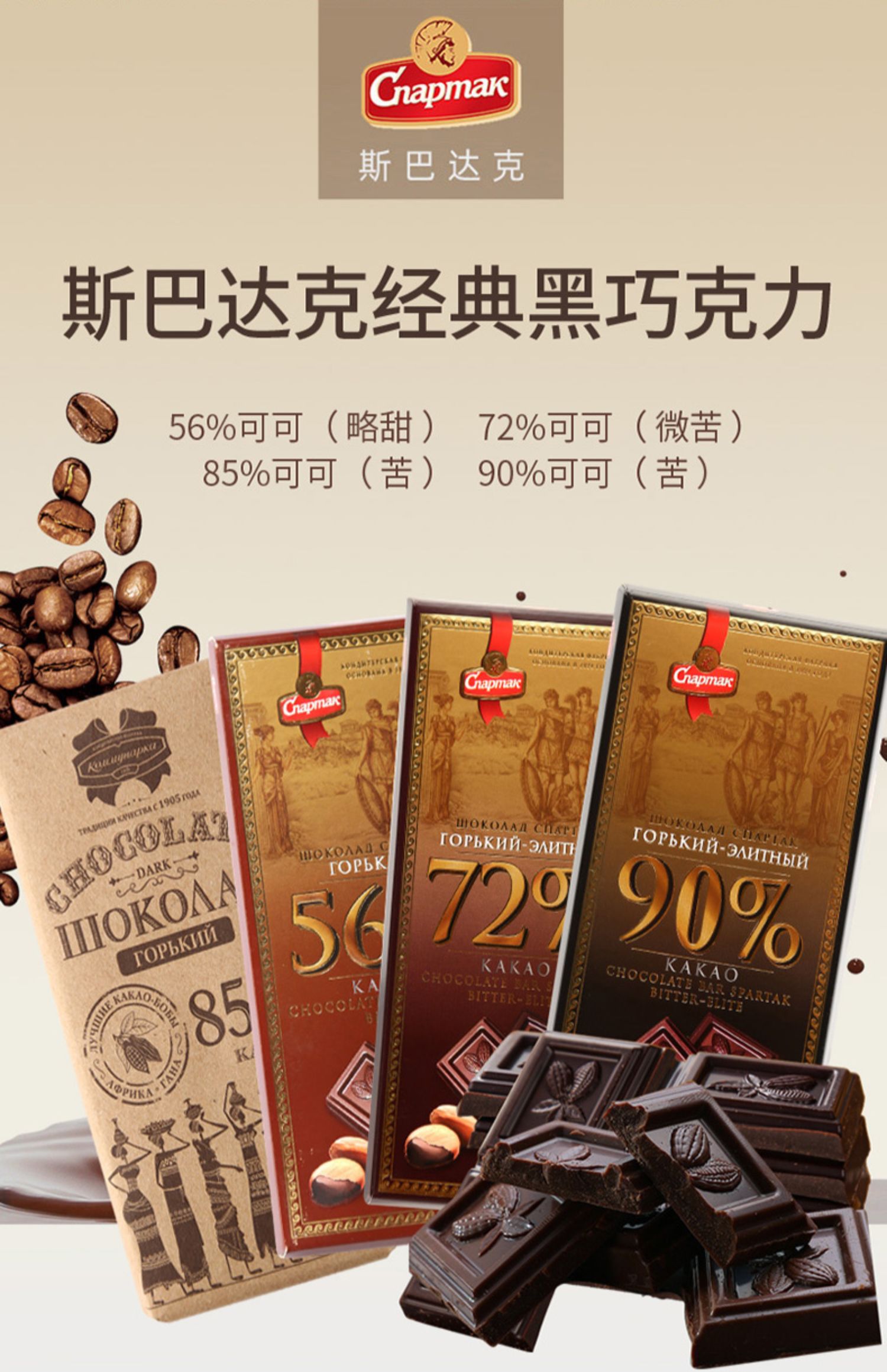 俄罗斯进口纯黑巧克力56纯可可脂经典黑巧超苦90克68略苦5块85极苦5块