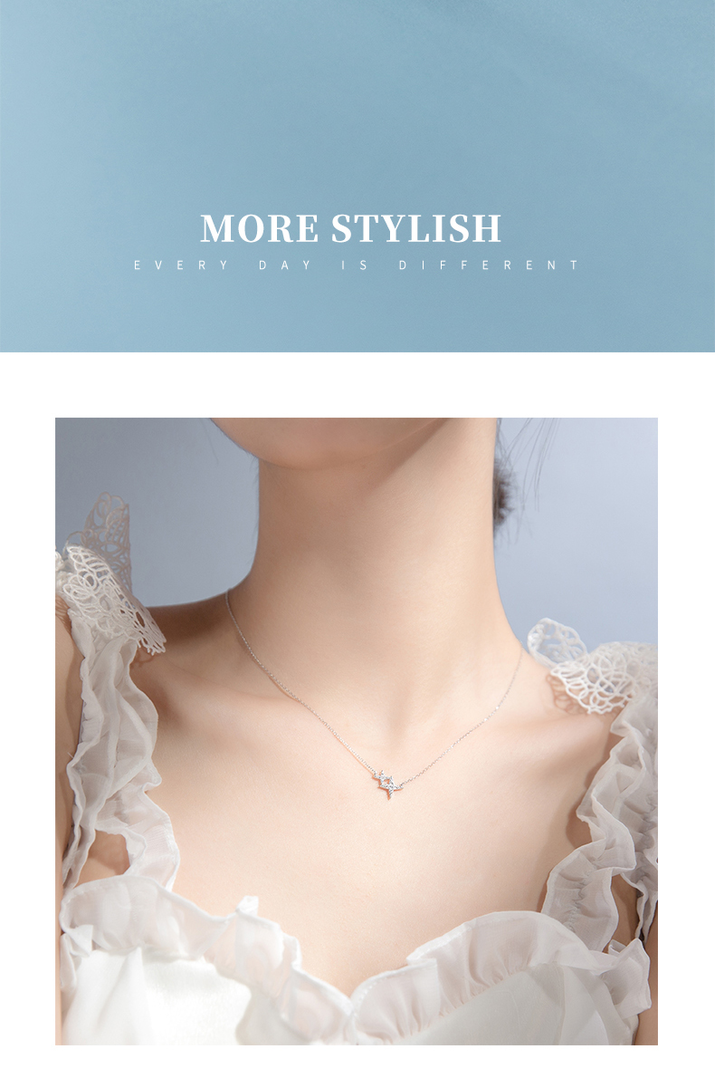 钦伊s925银项链女韩版小清镶钻四角星大小星简约锁骨链d6011s925银