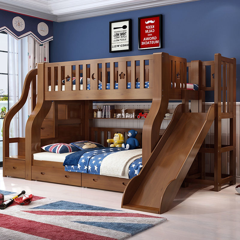 上龙全实木上下床子母床高低床胡桃木床美式上下铺木床双层儿童床女孩