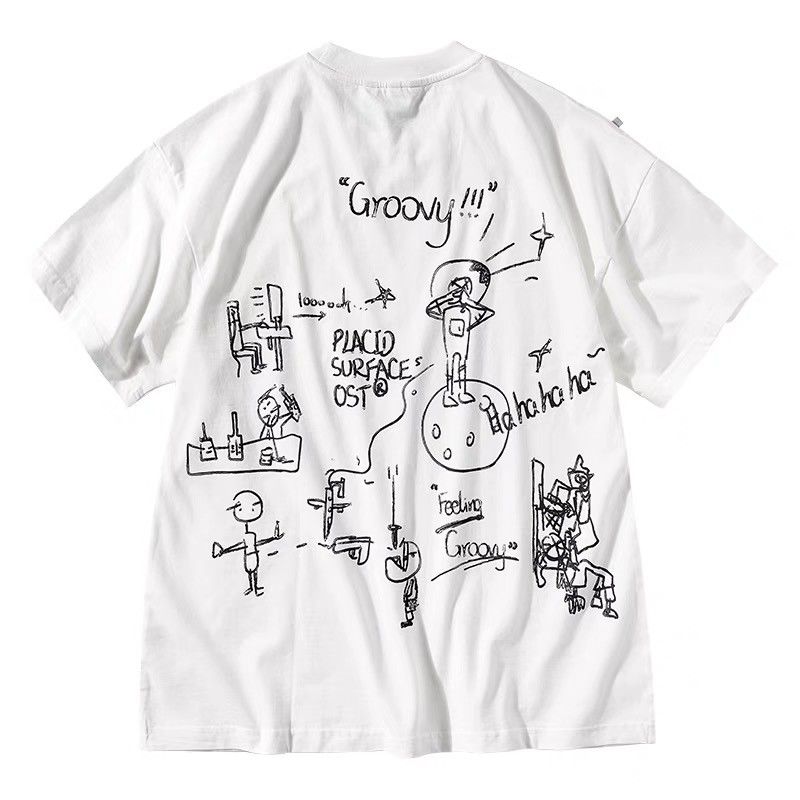 夏季新款手绘涂鸦印花潮牌短袖男女t恤情侣装夏装半袖体恤潮后背涂鸦