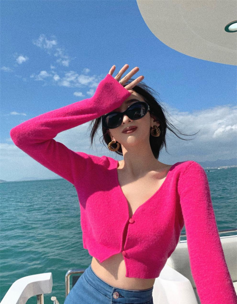 歌茵图玫红色复古辣妹针织小开衫外套女春季薄款2022年新款短款长袖