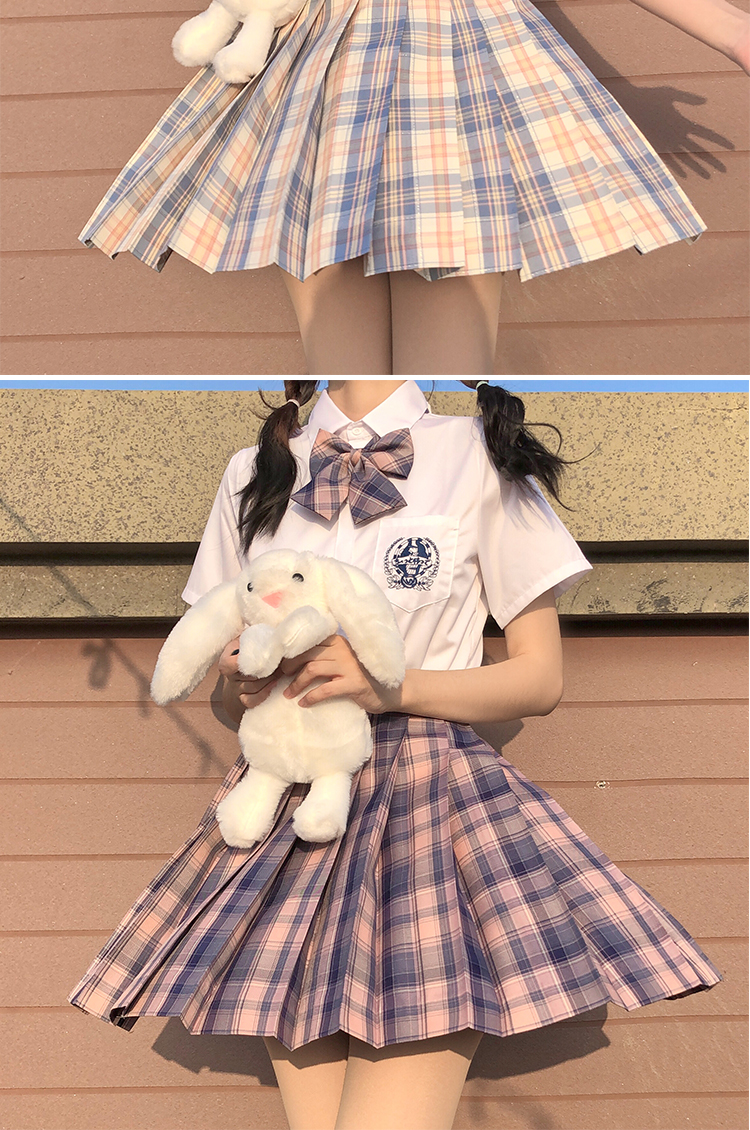 jk格裙jk制服女格短裙百褶夏季款a字纯欲子 咩野-[格裙 衬衫  领结