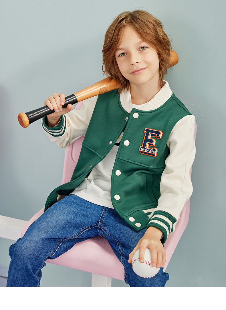 elandkids衣装2021年秋冬新款男童撞色休闲加绒棒球服外套 green绿色