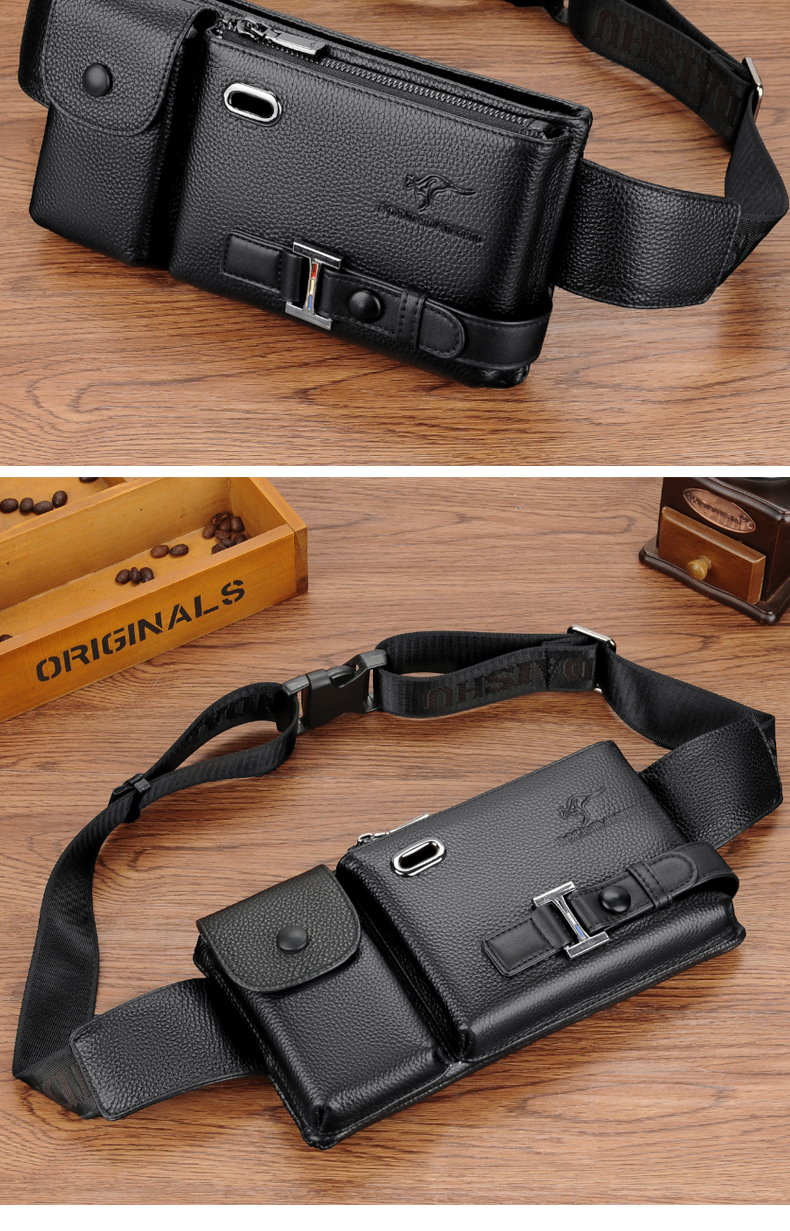 琻澳袋鼠轻奢男士腰包真皮多功能大容量头层牛皮耐磨手机腰包休闲挎包