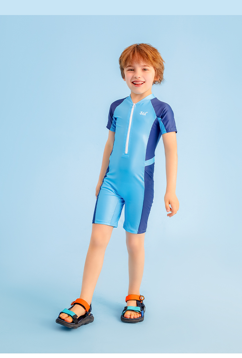 361度儿童泳衣男夏新款小中大童男童防晒连体游泳衣训练泳衣灰蓝色8码