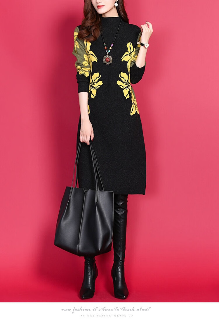 子牧棉麻2021秋装 女韩版印花中长款立领宽松收腰款针织连衣裙5105