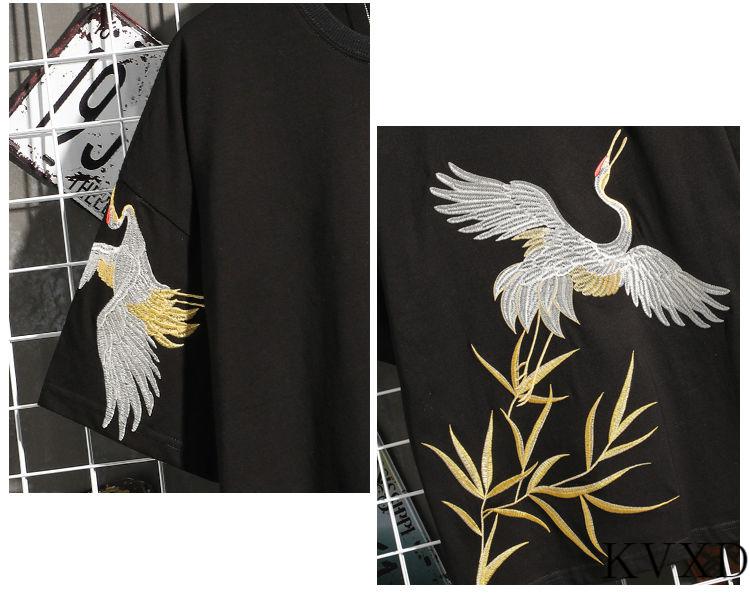 夏季仙鹤刺绣短袖t恤男复古中国风圆领半袖百搭上衣宽松潮牌潮流花草