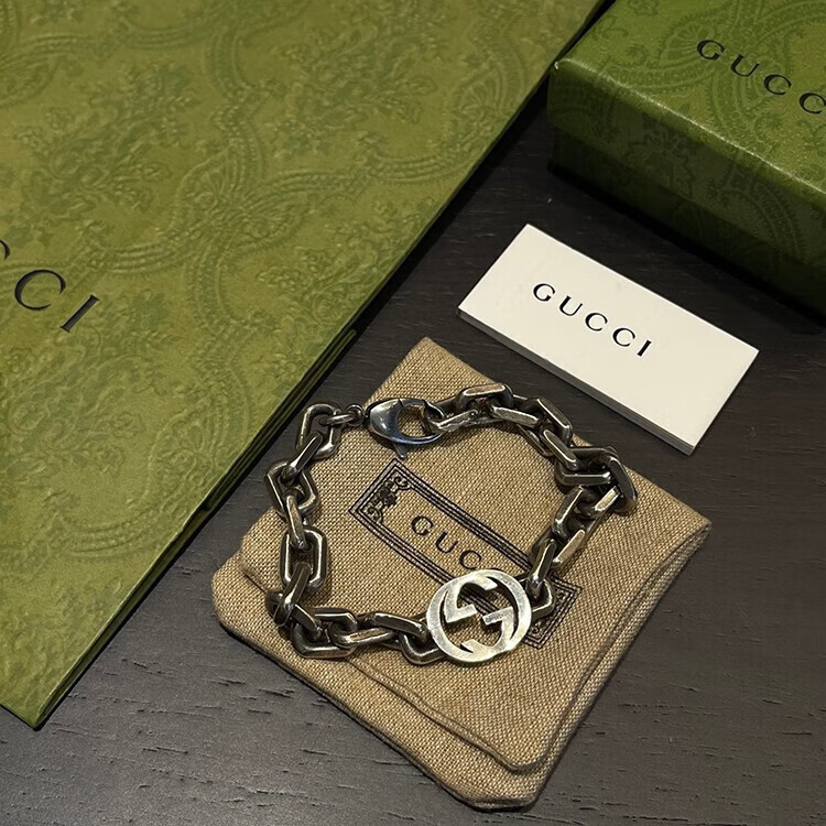 古驰(gucci)手链银互扣式双g粗手链送男朋友 时尚 设计款潮手链 双g粗