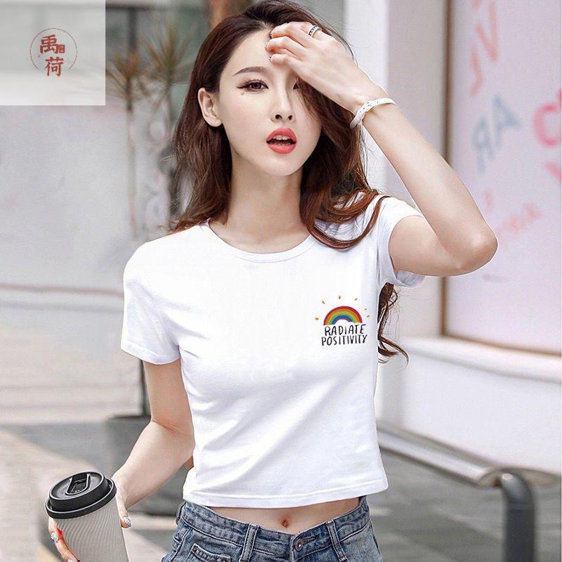 禹荷@露脐高腰超短款上衣女夏漏肚脐装白色t恤短袖设计感小众修身夏季