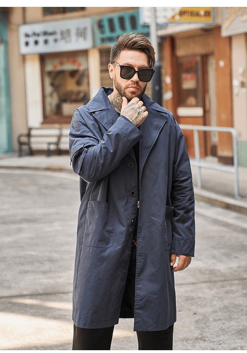 坦野大码风衣男时尚休闲潮牌大码男装翻领风衣中长款加肥加大宽松港风