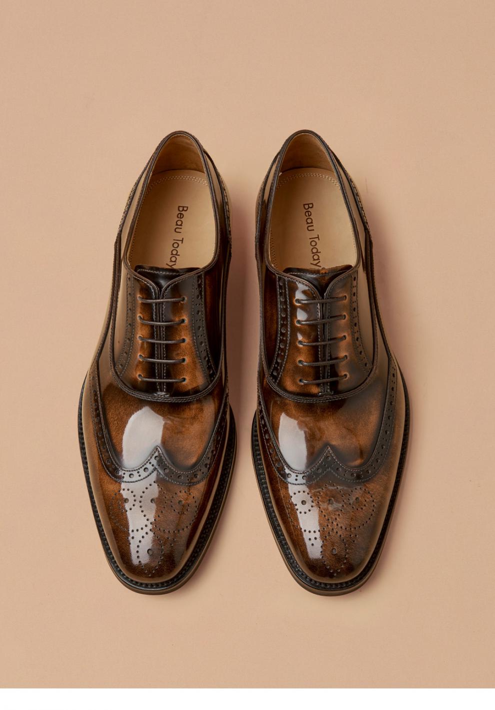 beautoday英伦风春秋季布洛克雕花系带皮鞋商务正装皮鞋男士胎牛皮