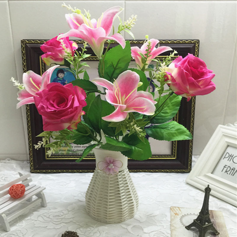 现货直发真花百合搭玫瑰花套装绢花假花酒店客厅家居餐桌装饰花摆件