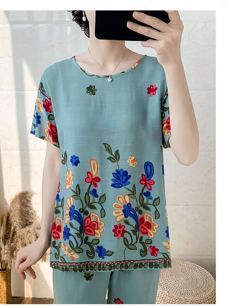 妈妈夏装棉麻两件套新款中老年妇女装夏季薄款洋气套装短袖上衣墨绿