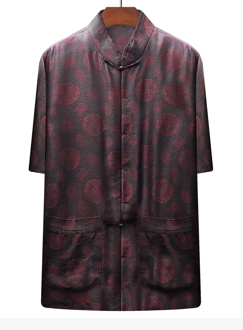 中老年唐装香云纱桑蚕丝短袖男桑蚕丝人爷爷生日过寿真丝绸缎中国风