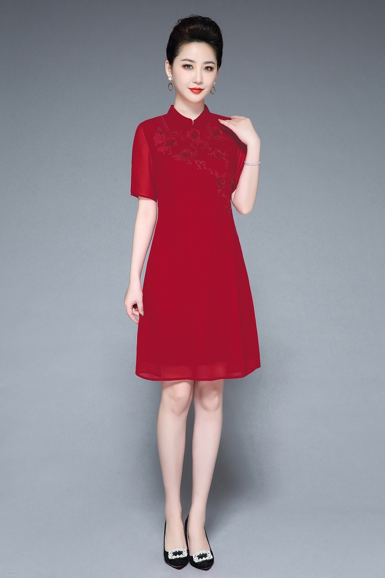 服装婆婆装宴会婚礼喜庆服夏季装优雅宽松雪纺婚宴礼服连衣裙酒红色xl