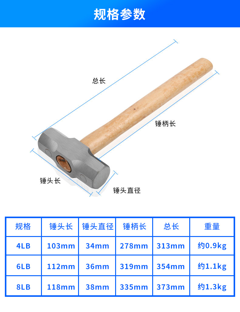 大号八角石工锤大锤子铁锤头重型砸墙拆墙家用八角锤木柄铁榔头4寸