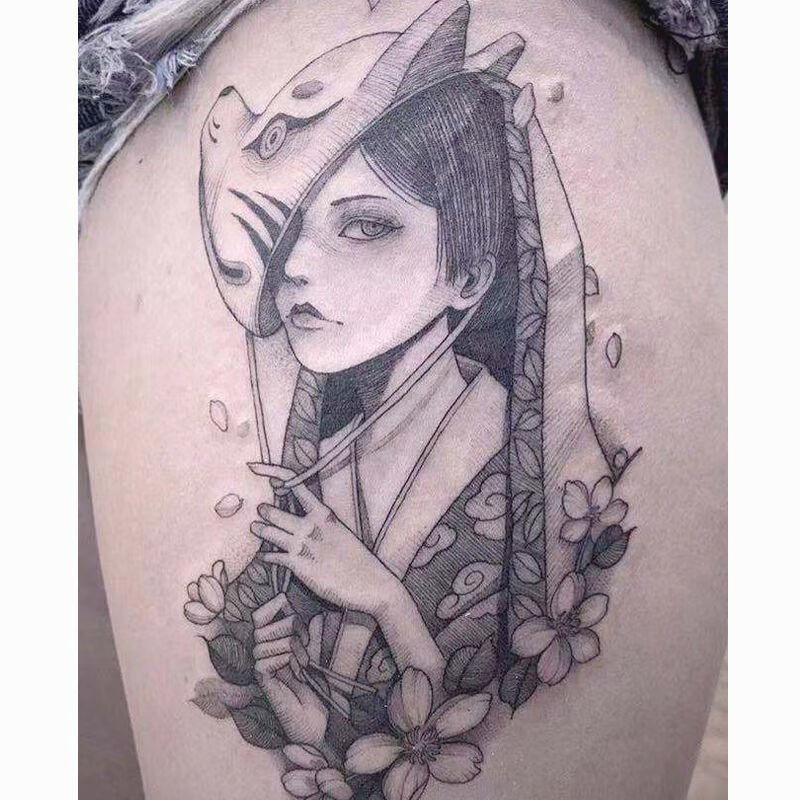 南欧世爵个性黑白花臂般若面具艺纹身贴纸防水女仿真性感日系网红潮角