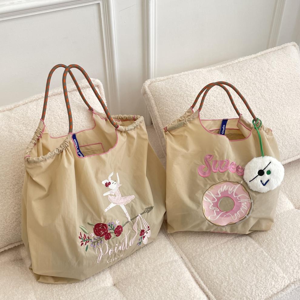 日系小众自制款ballchain环保布袋刺绣尼龙购物袋手提单肩蓝灰色