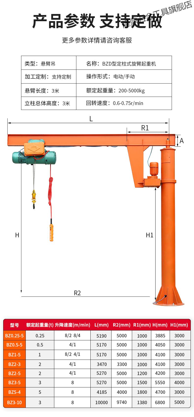 悬臂吊电动旋转立柱式独臂吊小型摇臂吊升降机手动单臂吊吊机3吨立柱