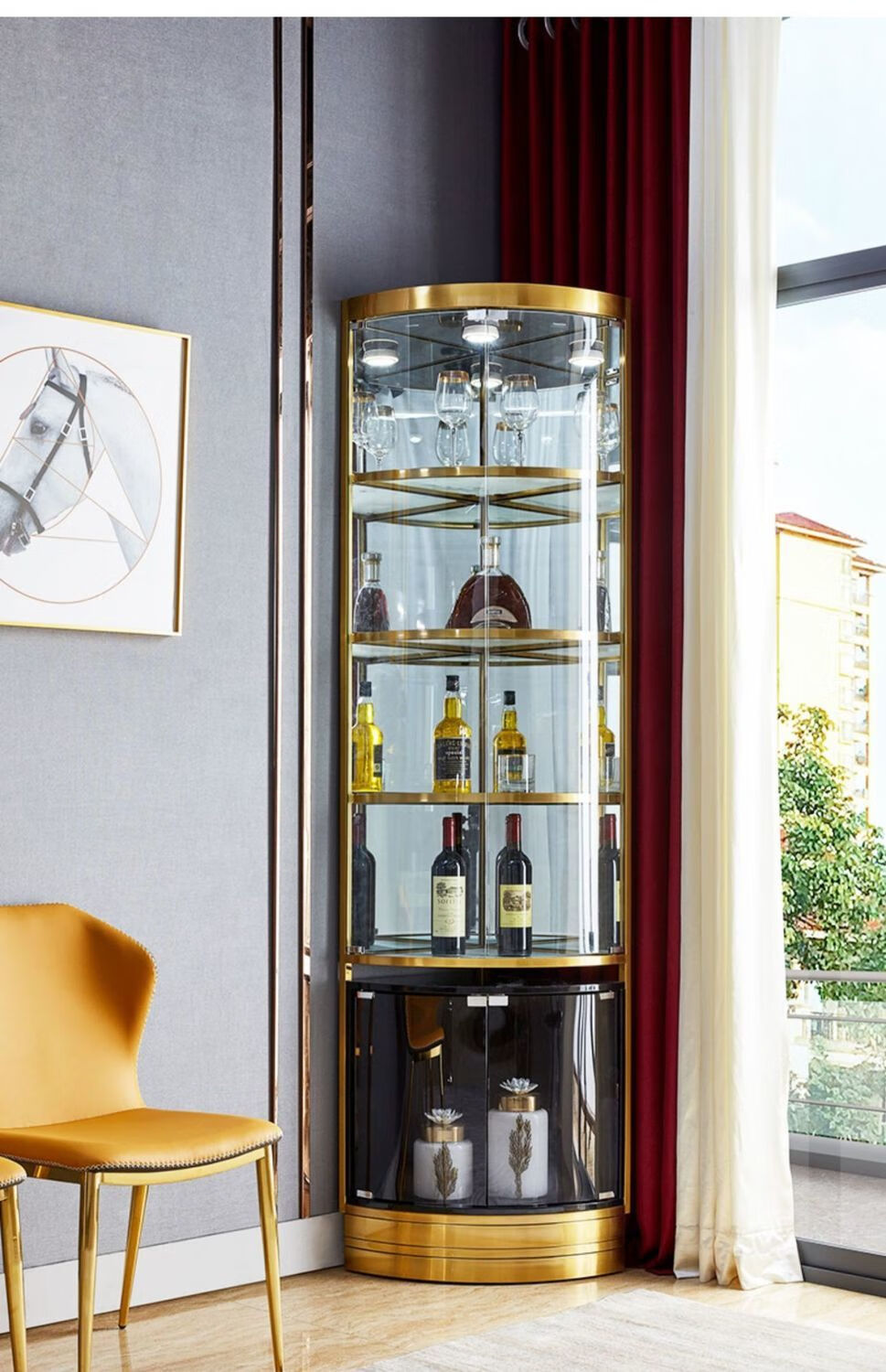 轻奢不锈钢酒柜家用客厅转角柜落地储物柜三角玻璃拐角酒柜 钛金色
