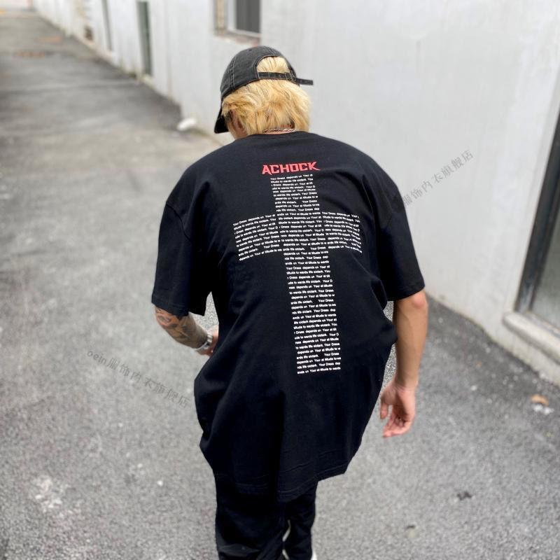 ac潮牌国潮纯棉国潮短袖t恤男同款ac高街十字印花宽松上衣男夏季潮牌