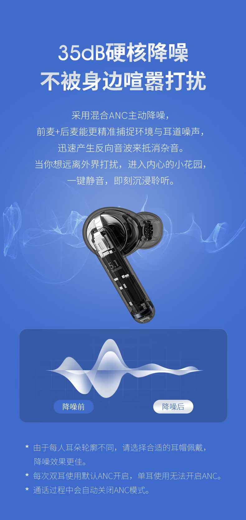 华 为通用qcyht03真无线主动降噪蓝牙耳机入耳式运动音乐话超长待机