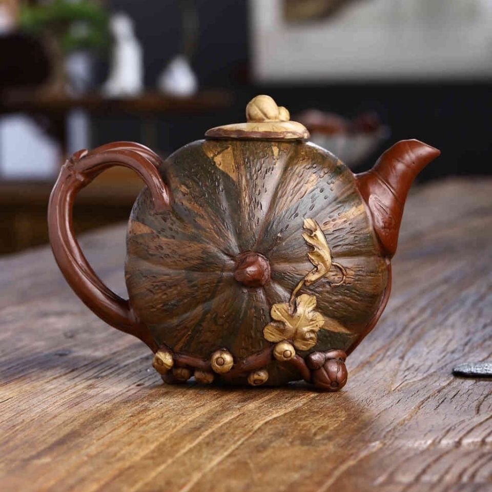 宜兴紫砂壶名家汪寅仙纯手工原矿红泥花器南瓜提梁壶家用泡茶壶