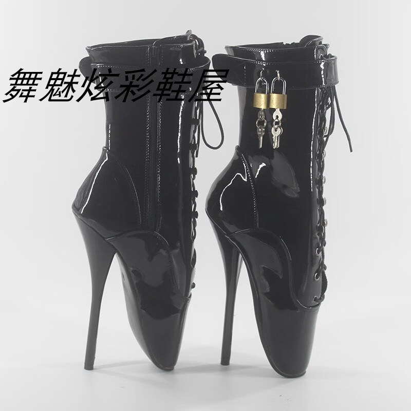 新款欧美18cm芭蕾舞细跟带锁系带短筒bdsm禁足女王男女士高跟鞋 黑色