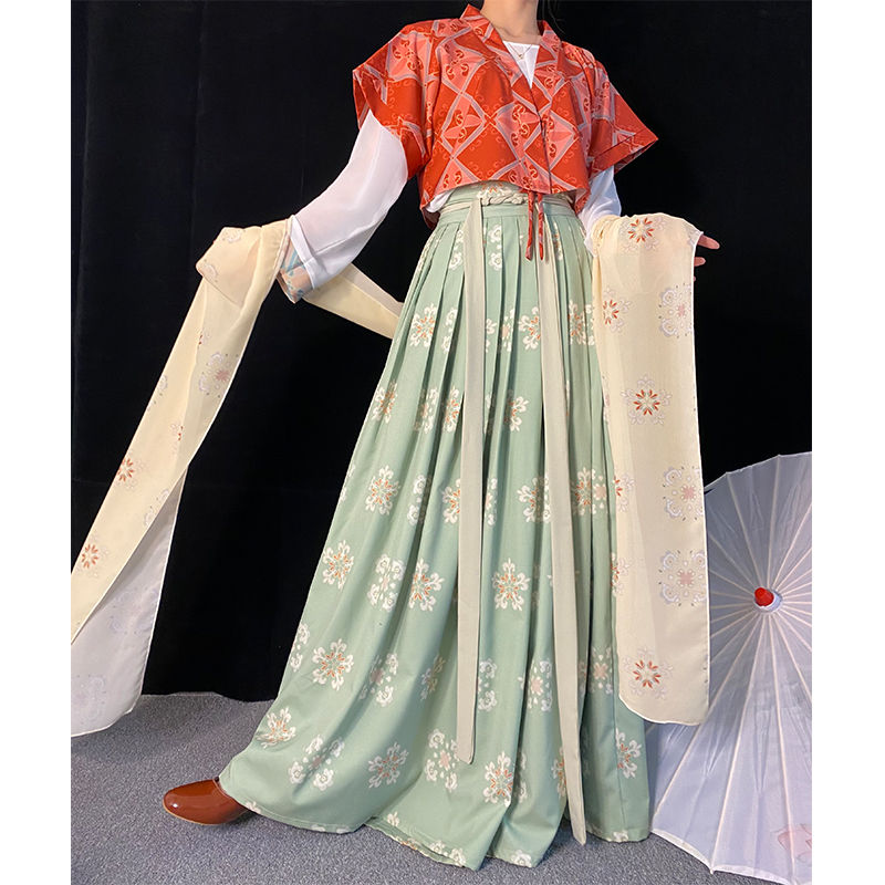 依锦艾@唐背子中国风汉服女唐制圆领对襟衫齐腰襦裙春夏 红色唐背子