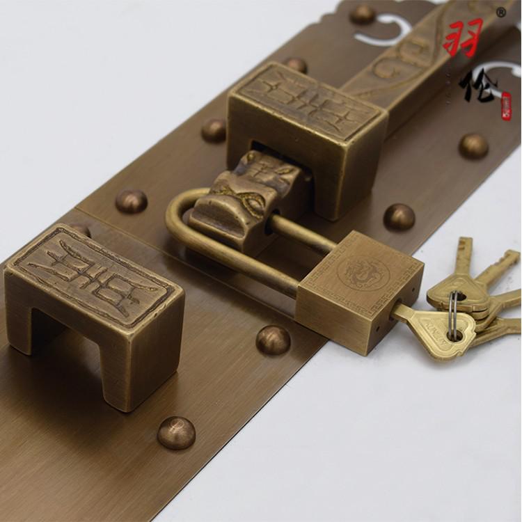 中式纯黄铜门栓插销铜门锁庭院古铜门锁插栓挂锁加厚老式木门大门锁