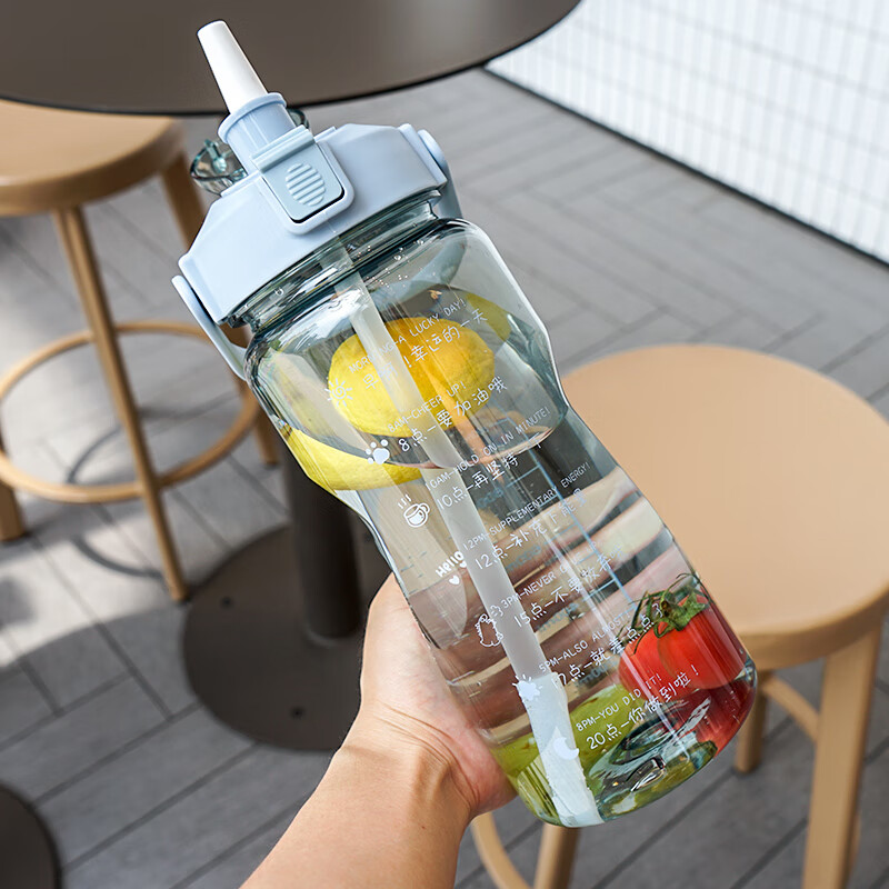 健身运动太空杯网红便携超大号水壶瓶 粉-1100ml 吸管 背带 目标贴纸