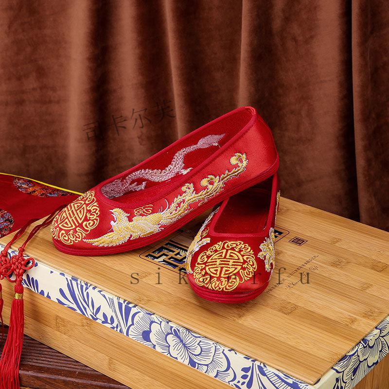 skaerfu秀禾鞋红色婚鞋新娘上轿绣花鞋中式婚礼女鞋子秀禾服布鞋平底