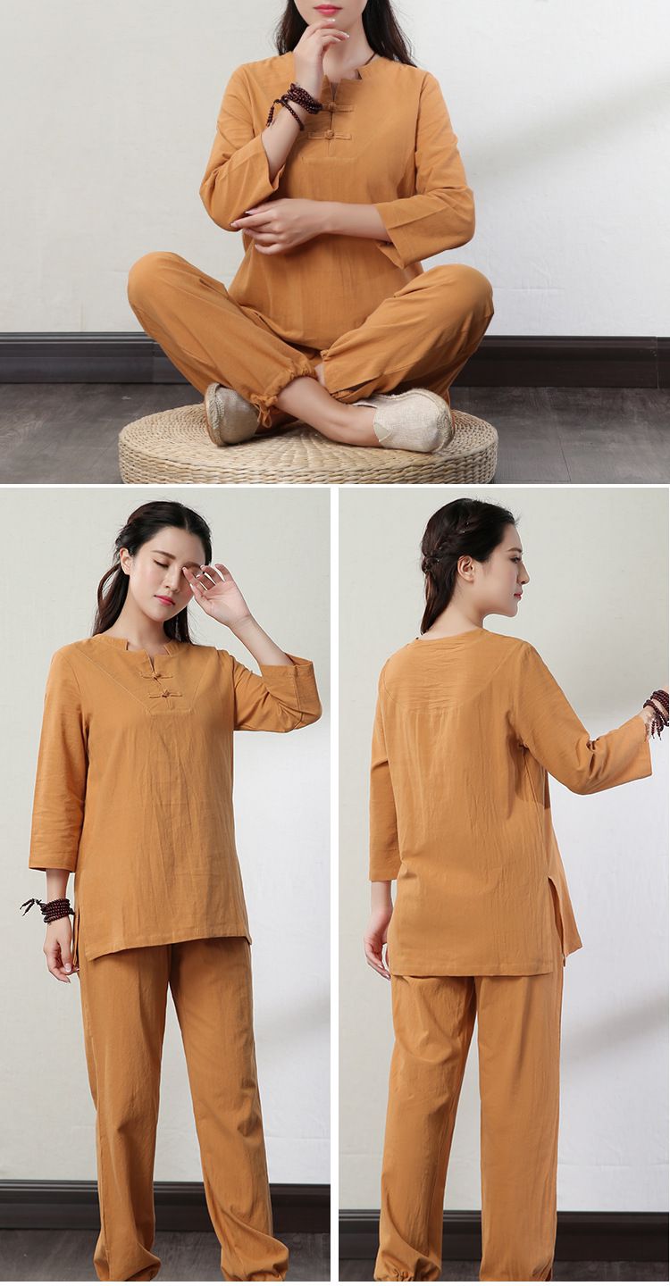 新款白色棉麻瑜伽服套装健身女居士禅修服太极服套装天蓝色长袖s