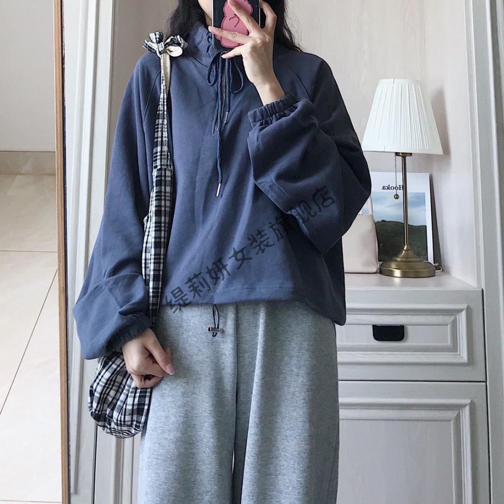 风上衣短款蓝色卫衣直筒裤套装休闲两件套学生女灰色裤子s建议95以下