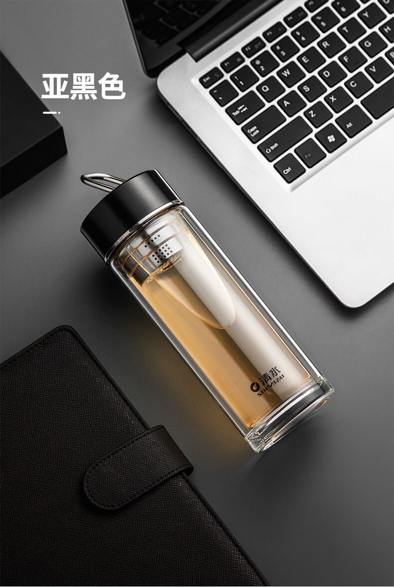 清水(shimizu) 双层高硼硅玻璃杯泡茶水杯便携带提环车载商务杯子