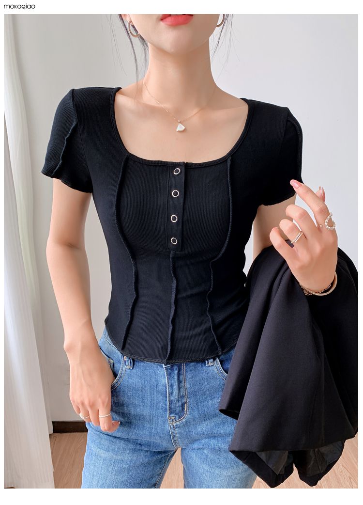 茉卡俏夏天女生半开衫t恤女短袖宽松新款上衣女夏季少女棉半袖体恤