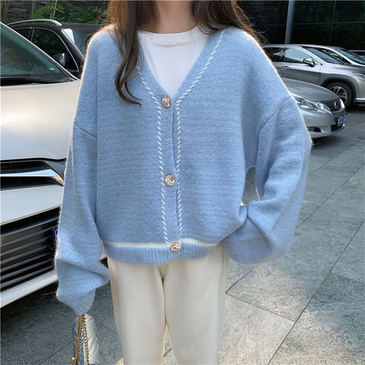 针织开衫毛衣女宽松外穿学生百搭时尚上衣女外套天蓝色s建议体重8095
