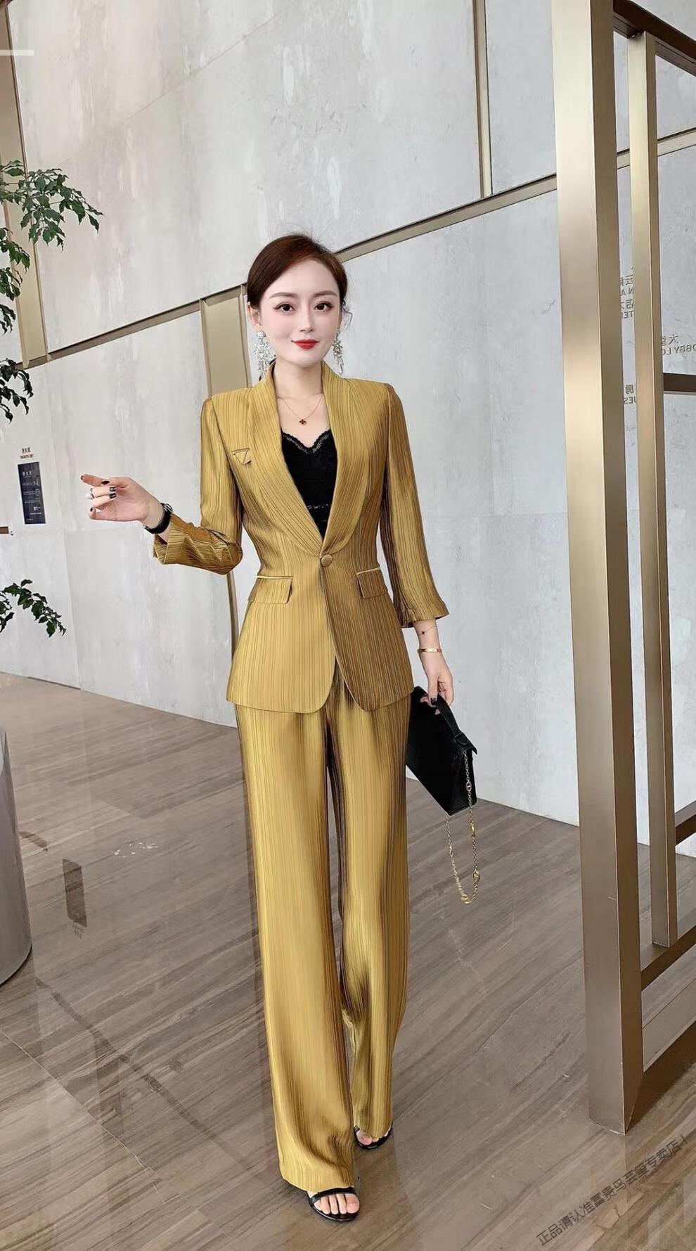 欧洲站名媛西服套装2021夏新款职业气质三醋酸真丝西装长裤两 香槟色
