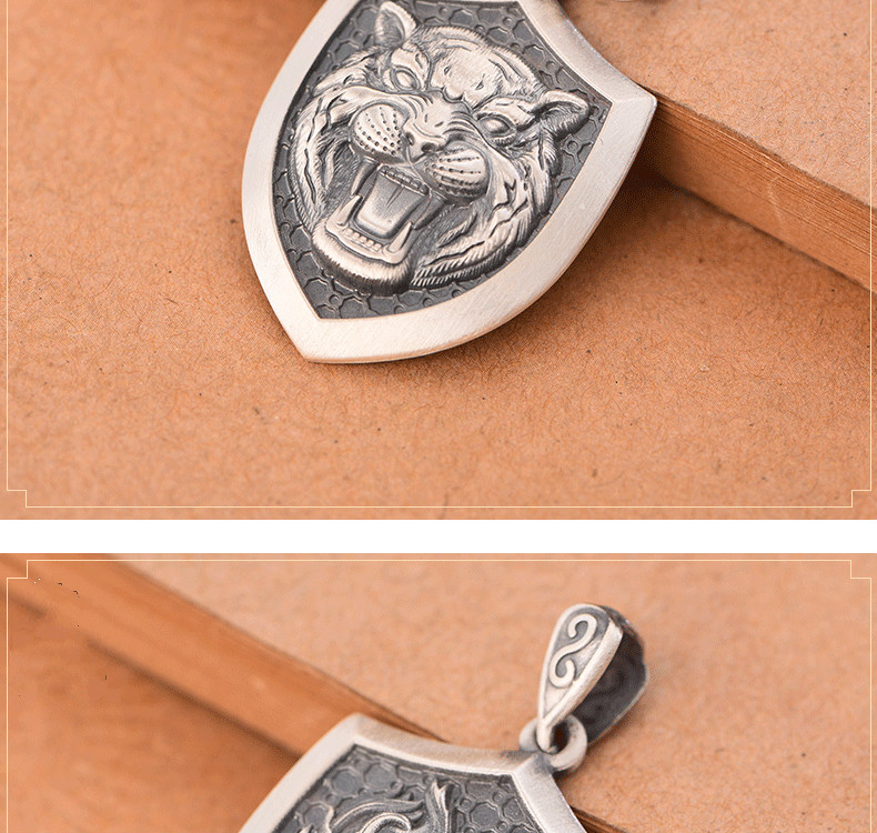 乐凤祥999足银实心盾牌吊坠男复古个性霸气猛禽猛兽吊坠时尚项链挂饰