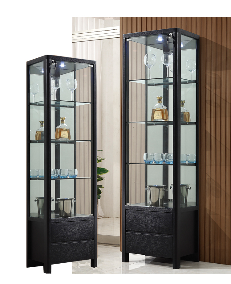 客厅酒柜简约现代多功能靠墙电视边小带锁展示柜双开门玻璃装饰柜黑色