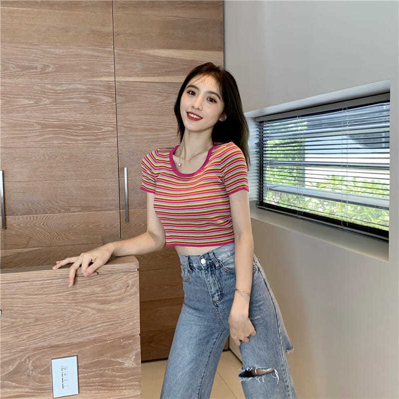t恤女泫雅风春夏短款紧身上衣彩虹针织衫女撞色条纹短袖修身打底t恤绿