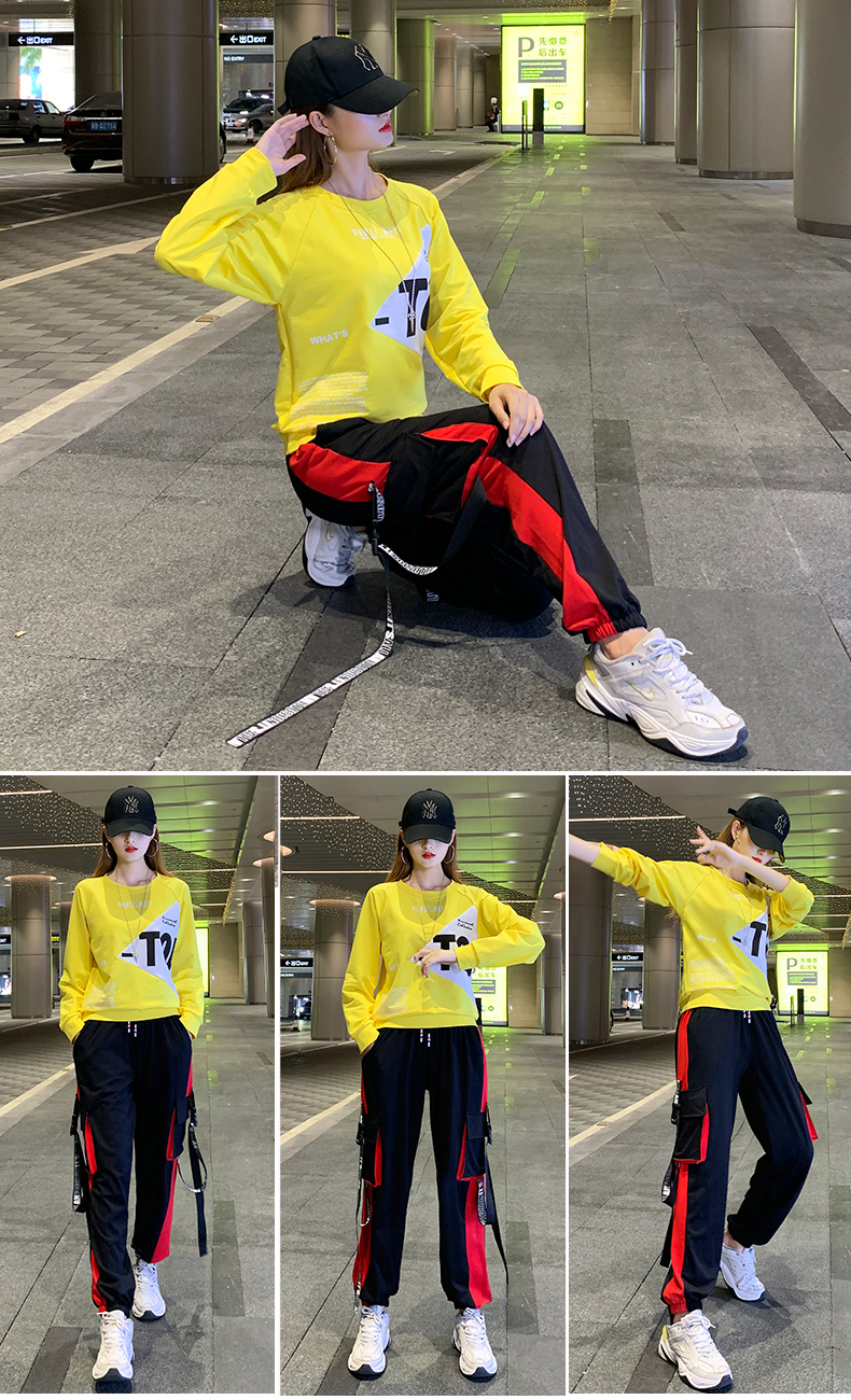 广场舞套装女士春秋季长袖曳步舞运动套装女鬼步舞街舞训功服棉飘带
