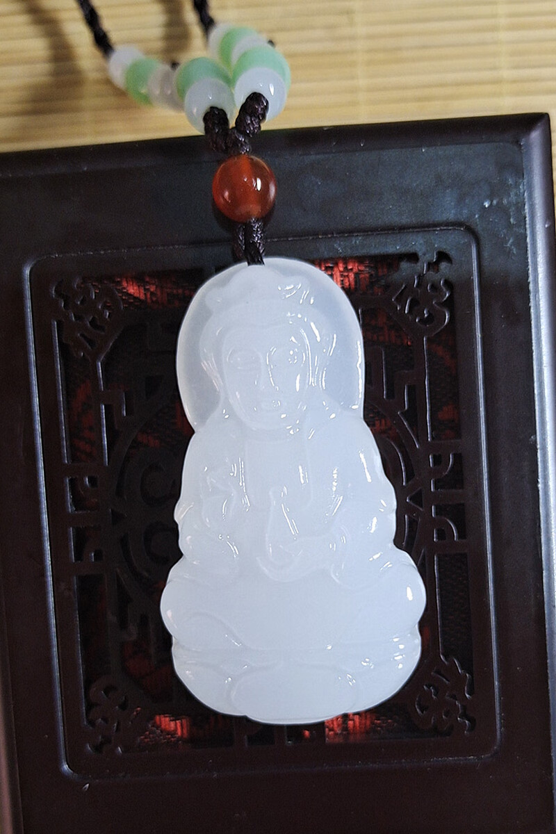 桃花诺白玉观音玉佛吊坠男女情侣款玉佩平安项链玉观音国检证书