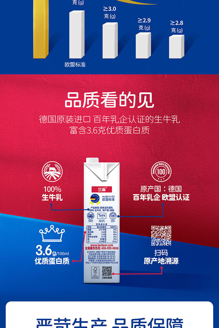 兰雀德悠兰雀德臻全脂大奶1l12盒纯牛奶学生营养早餐奶1l12盒箱