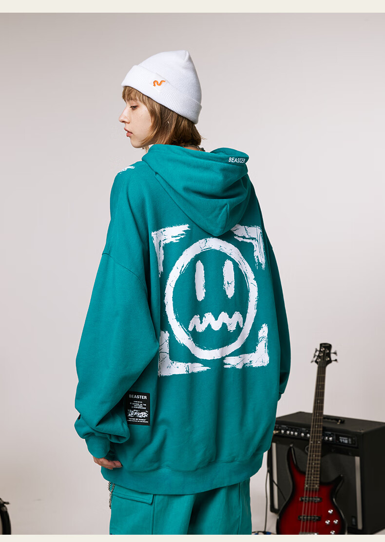 beaster小恶魔鬼脸机能连帽卫衣叠穿港风休闲宽松落肩上衣外套男黑色