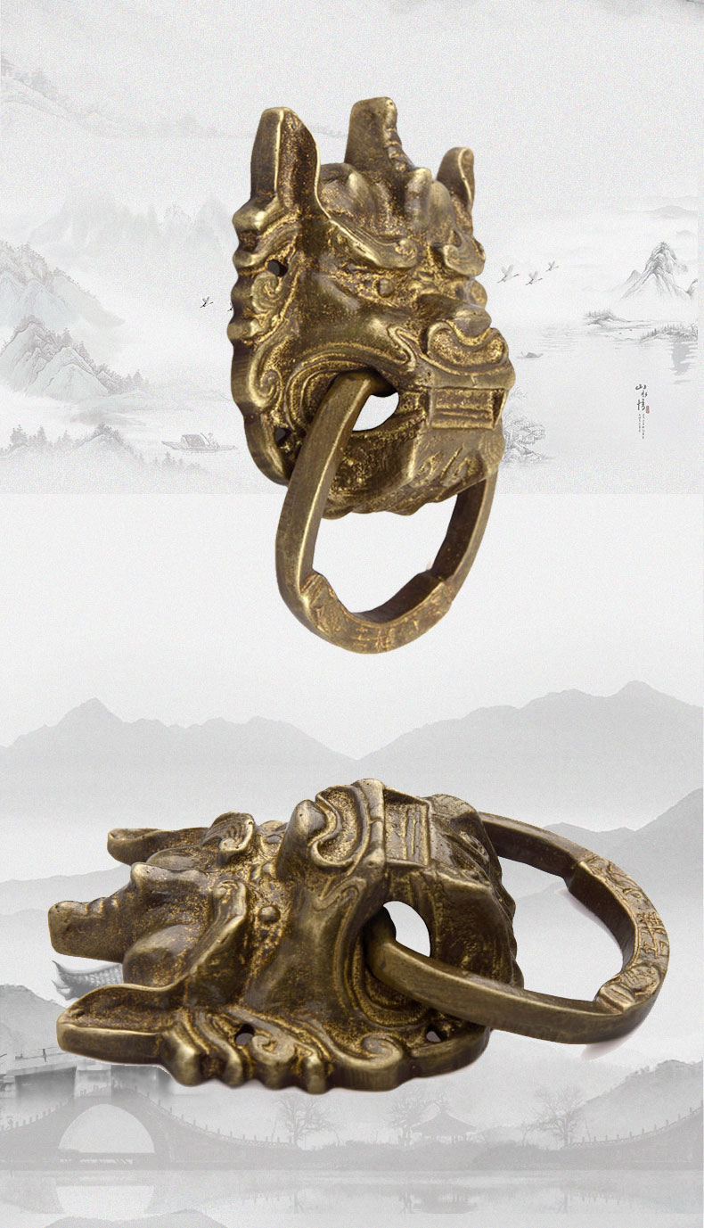 仿古五金兽头门环铜狮子头铜门环小院门拉手老式复古把手 古铜色