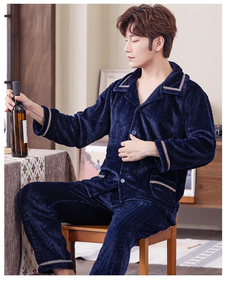 ck 冬季睡衣男珊瑚绒加厚加绒男士开衫法兰绒秋冬款家居服春秋套装